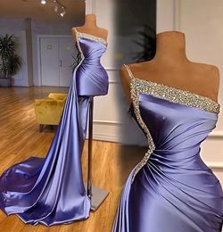 Prom Dresses One-Shoulder Evening Gown Party Formal New Custom Plus Size Zipper Mermaid Satin Beaded Sleeveless Lace Up Knee-Length Sweep Train Sequins Lavender