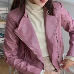 Women's Leather Spring Autumn 2023 Beige Short Faux Jacket Female Korean Slim Stand Collar Long Sleeve Motorcycle Women Coat Streetwear