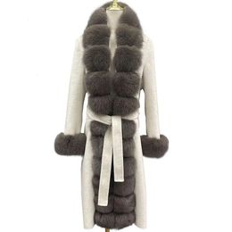 Women's Fur Faux JANEFUR Wool Coat Ladies Long 2023 Fashion Luxury Real Trim Cashmere Coats Belt Elegant Natural Winter Outerwears 231115