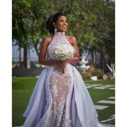 African Wedding Dresses High Neck Puffy Skirt Sima Brew Country Garden Royal with Detachable Train Wedding Gown Plus Szie Robes de Mariee