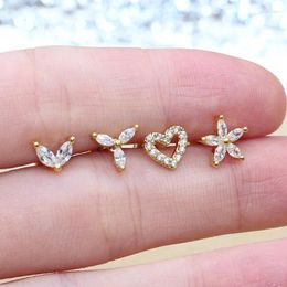 Stud Earrings 1 Pc Copper With Crystal Zircons Delicate Flower Heart Shape Design IP Plating No Fade Allergy Free