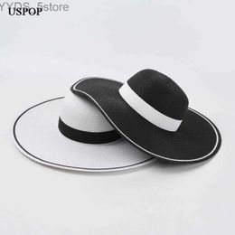 Wide Brim Hats Bucket Hats USPOP New Women Summer Str Sun Hats Wide Brim Beach Hats Black White Str Sun Shade YQ231116