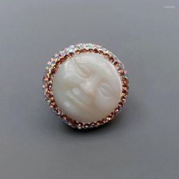 Cluster Rings KKGEM 25mm White Sea Shell Carved Facial Ring Crystal Pave Gold Plated Adjustable Fashion Jewelry