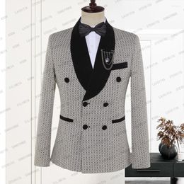 Men's Suits 2023 Khaki Men Suit Black Velvet Lapel Groom Wedding Tuxedo Dots Double Breasted Blazer Formal Business Dress Jacket Coat