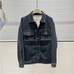 Bird Family Element 2023 Autumn Fashion Trend Men's Letter Embroidery Wear Denim Coat Washed Jacket