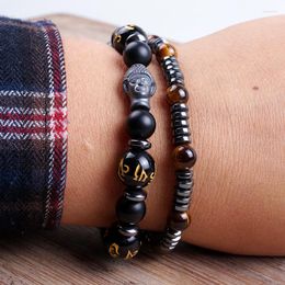 Charm Bracelets 2pcs/set Fashion Black Stone Bead Hematite Buddha Bracelet Sets Men & Bangles Handmade Wristband Jewellery