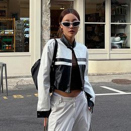 Women's Jackets Clinkly PU Leather Streetwear Black White Contrast Autumn Fashion Cropped Coat For Women Y2k Casual Zipper Outerwear