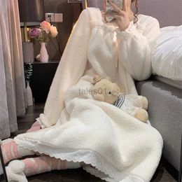 Women's Sleep Lounge White Sweet Plush Nightdress Loose Long Sleeve Flannel Pyjamas Lovely Girls Princess Nightgowns Korean Style Home Lounge Wear zln231116