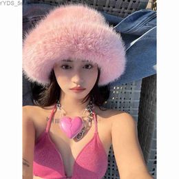 Wide Brim Hats Bucket Hats Winter Thick Furry Hairband Fluffy Russian Faux Fur Women Girl Fur Headband Hat Winter Outdoor Earwarmer Ski Hats Hot YQ231116