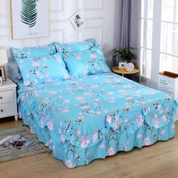 Bed Skirt Big Wave Lace Bedspread Pillowcase 3-piece Set Blue Printed 1.5/1.8/2m Mattress Protective Cover Fixed Strap Anti Slip