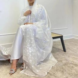 Ethnic Clothing White Satin Open Abaya Kimono Women Embroidery Bubble Sleeves Summer Turkey Abayas For Muslim Dress Dubai Luxury Islam