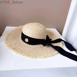 Wide Brim Hats Bucket Hats Fashion New Raffia Dome Top Sun Hat Long Black Ribbon Summer UV Protection Ladies Outdoor Wide Brim Beach Panama Hat YQ231116