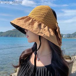 Wide Brim Hats Bucket Hats Summer Empty Top Bucket Hat Wide Brim Breathable Packable Foldable Sunshade Sun Ponytail Cap with Chin Strap Sun Hat Beach Caps YQ231116