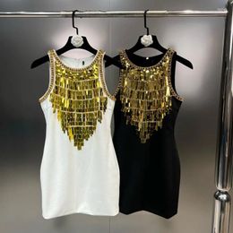 Casual Dresses PREPOMP 2023 Summer Arrival Sleeveless Round Neck Diamonds Golden Sequins Embroidered Beadings Short Dress Women 422