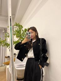 Women's Jackets Korean Vintage High-grade Velvet Short Coat British Style Metal Buckle Design Temperament Black Small Suit Jacket
