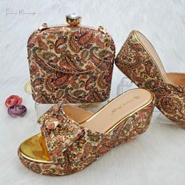 Dress Shoes PM Italian Design Paisley Pattern Gold Color Women's And Bags Matching Party Fashion Comfortable Middle Heel