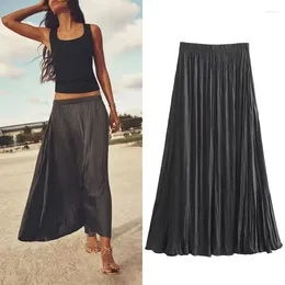 Skirts Women Linen Midi Black Vintage Elastic Waistband Pleated Long Skirt High Waist Maxi Summer Streetwear