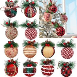 Christmas Decorations 12/24Pcs Red Green Plaid Christmas Balls With Pine Cone Xmas Tree Hanging Foam Pendant Christmas Decorations Navidad Year 231116