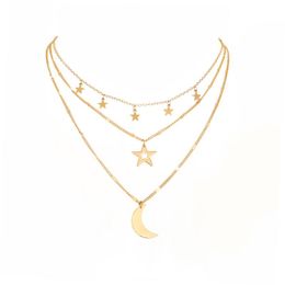 Chains 3 Layers Gold Tone Crescent Moon Star Charms Pendant Choker Collar Necklaces For Women