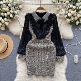 Luxury and luxurious style high-end dress autumn and winter patchwork sequin design niche and unique elegant dress