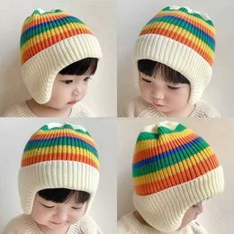 Caps Hats Baby Ear Protection Warm Hat Korean Style Stripe Rainbow Colour 2 Layers Thicknesses Cotton Liner Knitted Children Boys Girsl HatL2402