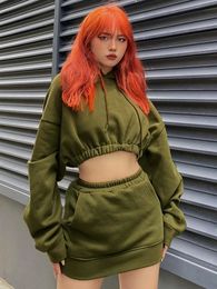 Two Piece Dress kliou Autumn Women Bare Midriff Casual Fleece Set M23S37360 Girl Hooded Drawstring Sweatshirt Mini Hip Skirt Outfits 231116