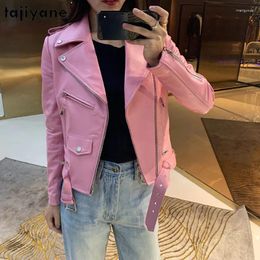 Women's Leather Tajiyane Real Sheepskin Coat Women Short Pink Jackets For 2023 Genuine Jacket Casual Biker Coats