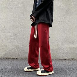 Men's Pants Ripped Spring Autumn High Street Hiphop Sweatpants Casual Straight Couple Trousers Solid Colour Drawstring Long