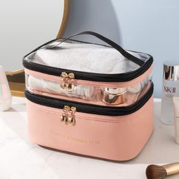 Cosmetic Bags Double-deck Waterproof PVC Women Bag Portable Travelling Leather Toiletries Organise Makeup Case Transparent Handbag 1PC