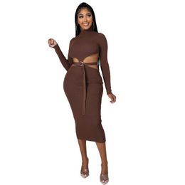 Casual Dresses 2023 Autumn Sexy Hollow Out Elegant Dress Women Turtleneck Long Sleeve Neon Green Wrap Bodycon Midi Vestidos