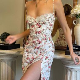 Casual Dresses 2023 Summer Spaghetti Straps Floral Print Strapless Slit Vestidos Women Party Club Sexy Long Dress Robe