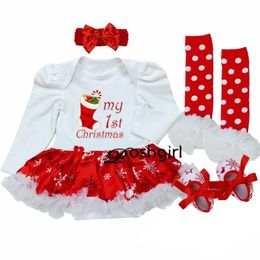 Rompers First Christmas born Gift Clothing Set Baby Girls Dress Cotton Mesh Ruffled Girls Christmas Dress 4 Pieces Christmas First Dress Set 231116