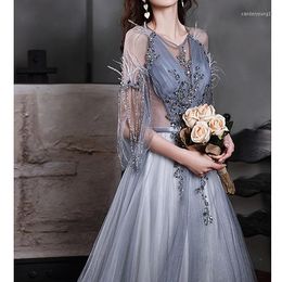 Party Dresses Lake Blue Bridesmaid With Shawl Sleeves Lace Beaded A-line Luxurious Prom Evening Gowns For Wedding Formal