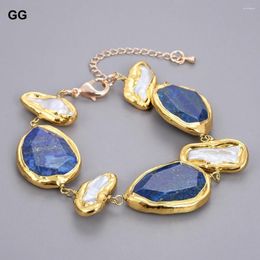 Strand GuaiGuai Jewellery Natural Stone Blue Lapis Bezel Set White Biwa Pearl Gold Colour Plated Bracelet 8''