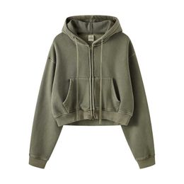 Women's Zip Up Hoodies Cotton Hoodies Streetwear Washed Cotton Zipper Hoodies Women's Cropped Jackets 6I4L1