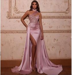 Pink Mermaid Sparkling Prom Dress Sleeveless Bling Sequins Satin Side Slit Halter One Shoulder Sweep Length Vestido De Novia