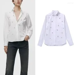 Women's Blouses Jewel Poplin Shirts For Women Elegant Lapel Long Sleeve White Top 2023 Fashion Office Ladies Button Up Fitted Shirt