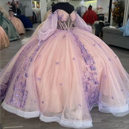 3d fjärilsrosa prinsessan pärlor kristallboll klänning quinceanera klänningar illusion paljett applikationer spets korsett vestidos de 15 anos