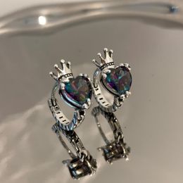 Stud Earrings Fashion Vintage Colourful Heart Zircon Exquisite Silver Colour Crown Punk Party Charm Jewellery For Women Gift