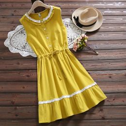 Casual Dresses Mori Girl Cute Kawaii Solid Yellow Dress 2023 Summer Fashion O-Neck Sleeveless Sweet
