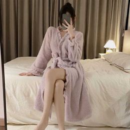 Women's Sleep Lounge Ruffles Robe for Women Belt Sleepwear Nightdress Winter Night Wears Pajama Solid Nightgown Long Sleeve Warm Fleece Homewear 2023 zln231116