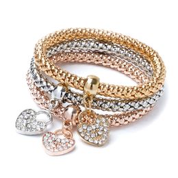 Alloy three-color Elastic popcorn corn Chain Diamond setting Love pendant bracelet set