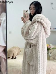 Women's Sleep Lounge Hooded Robes Women Sleepwear Thickening Girls Kaii Cute Homewear Winter Warm Bathrobe Casual Pockets Solid Fluffy Comfortable zln231116