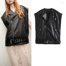 Women's Vests Woman Oversized Leather Vest Fashion Black Metal Zippers Sleeveless Jackets Women Vintage Belt Buckle Hem Casual Coat