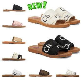 Hot New Fashion Designer Woody Sandals For Women Mules Flat Slides Light Tan Beige White Black Pink Lace Lettering Fabric Canvas Slippers Womens Summer Jogging Shoes