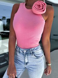 Women's Tanks Pink Flower Decoration O-neck Tank Top Streetwear Y2K 2023 Women Clothes Fashion Casual Sleeveless Slim T Shirt Summer Crop