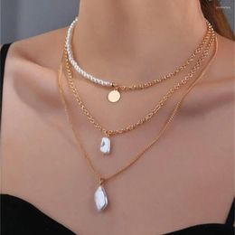 Pendant Necklaces Vintage Geometric Chain Round Sequins Shaped Artificial Pearl Necklace For Women Fashion Multilevel Gold Color Jewelry