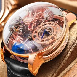 Wristwatches PINDU Design Art Astronomique Sculpture Traditionnelle Artisanat Dragon Dor En Trois Dimensions Men Watch Transparent Case