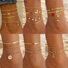 Anklets Bohemia Gold Colour Snake Ankle Bracelet Set For Women Butterfly Key Lock Charm Multiple Styles Anklet Chain On Leg Boho JewelryL231116