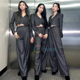 Women's Two Piece Pants Kpop Girl Group Dance Black Long Sleeve Short Striped Blazers Slim Vest Tops Loose High Waist Suit Women Outfit